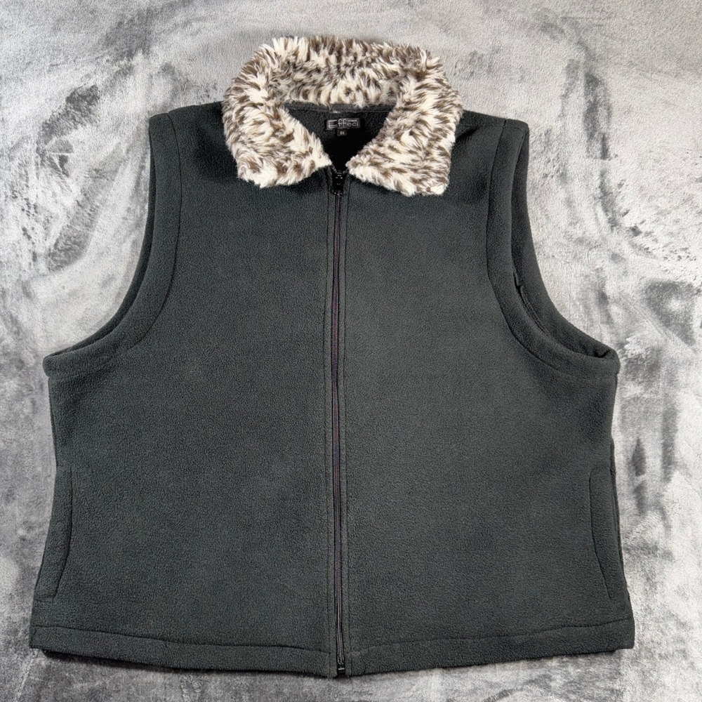 Effeci Woman Fleece Vest Dark Gray Faux Fur Leopard Collar Zip Up Plus Size 3X